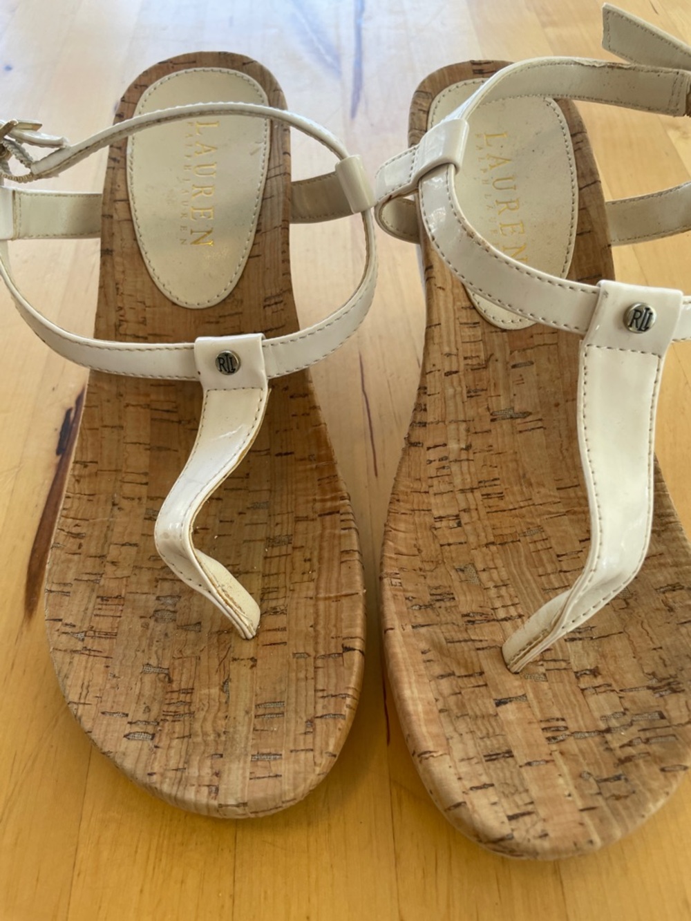 LAUREN Ralph Lauren White Cork Thong Sandals with Ankle Strap